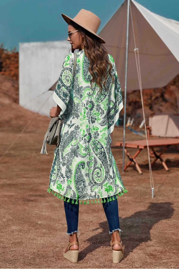 Grass Green Boho Paisley Printed with Tassel Detail Open Front Midi Cover Up 